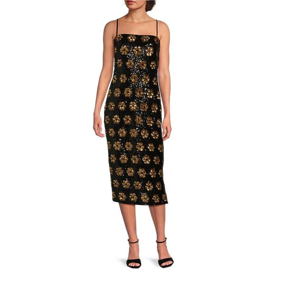 Alex Marie Black Midi Dress with Gold Floral Design